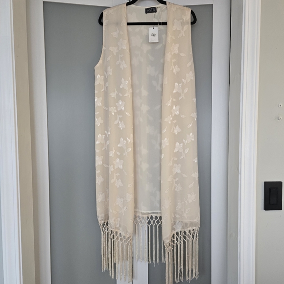 Astr Tops - ASTR Cream Floral Long Vest Duster with a fringe